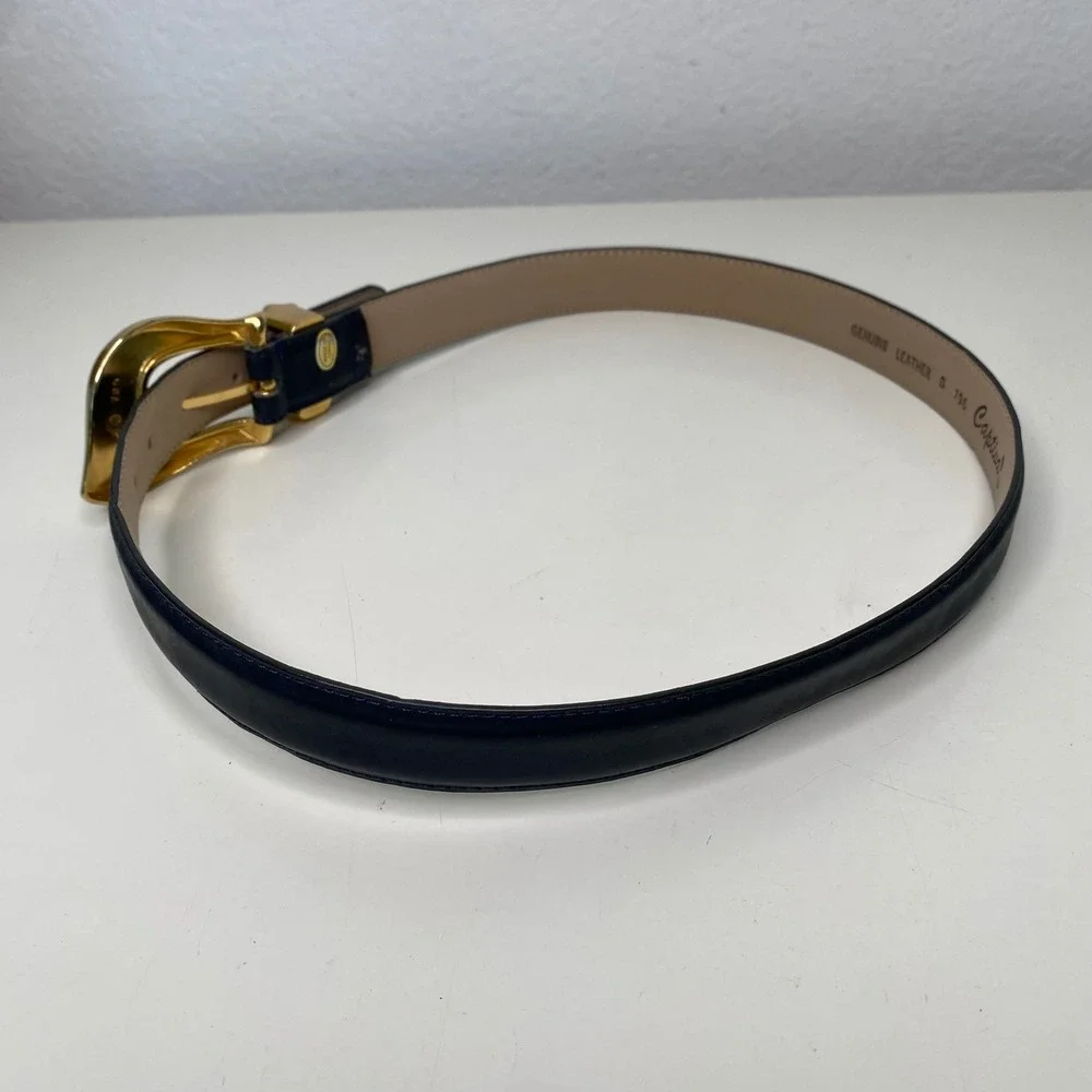 Captiva Navy Blue Genuine Leather‎ Belt Gold Sculptural Buckle Womens Small VTG?
